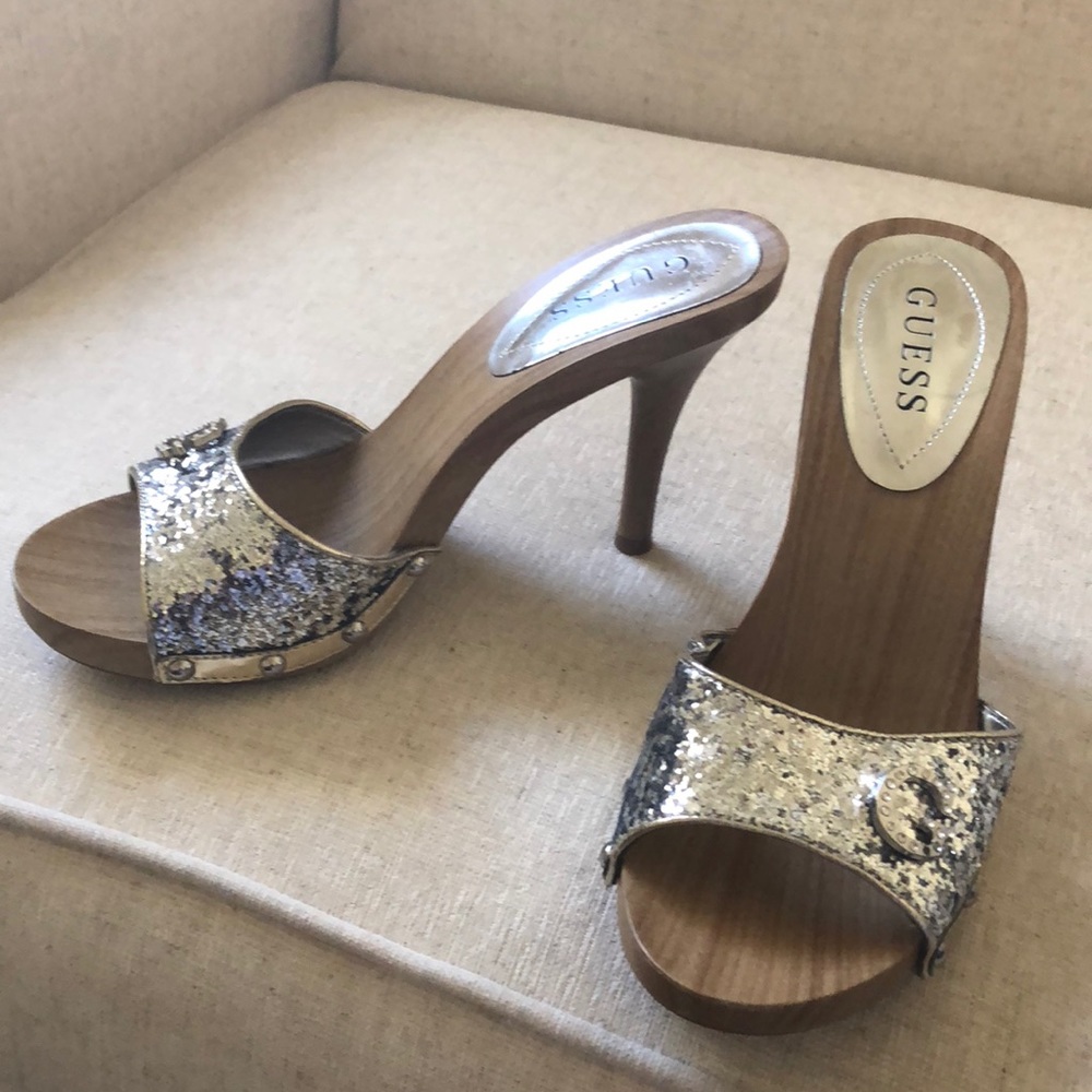 Guess silver wooden heels